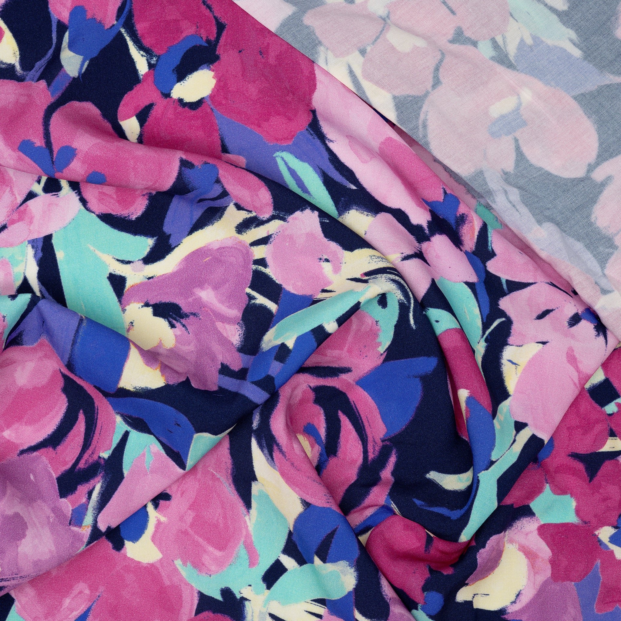 Viskose Große Aquarell-Blumen Nachtblau Mint Rosa Gelb | Stoffwerk