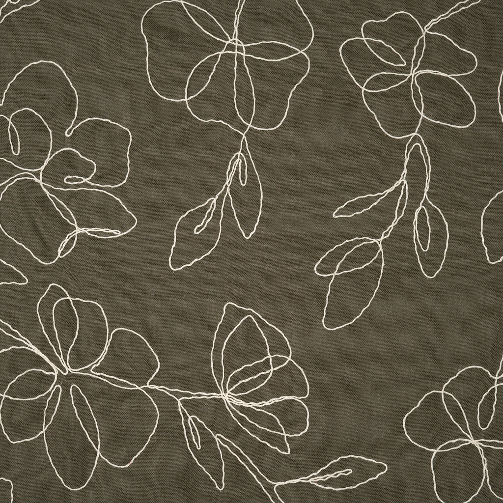 Viskose Leinen Stickblume Oliv