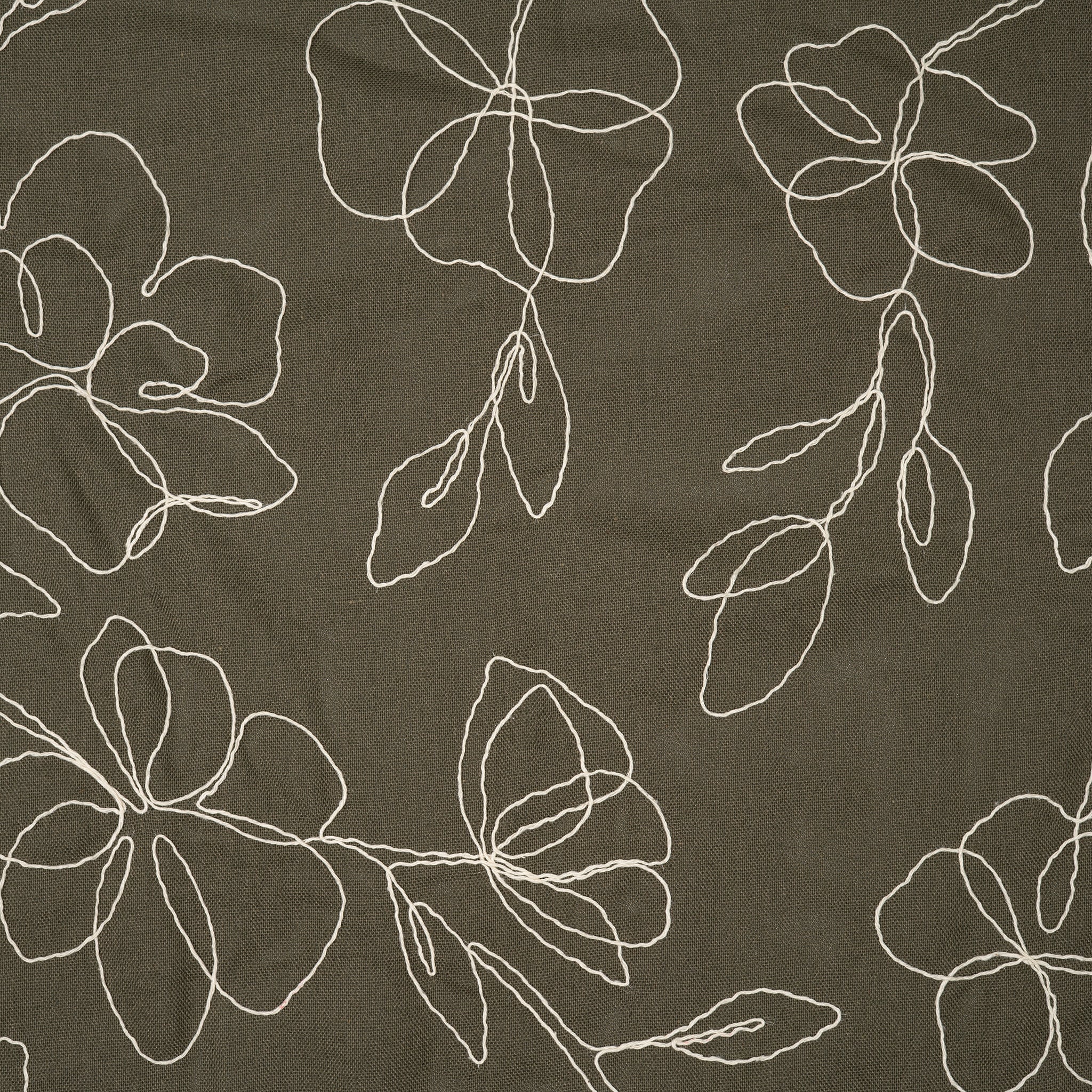 Viskose Leinen Stickblume Oliv