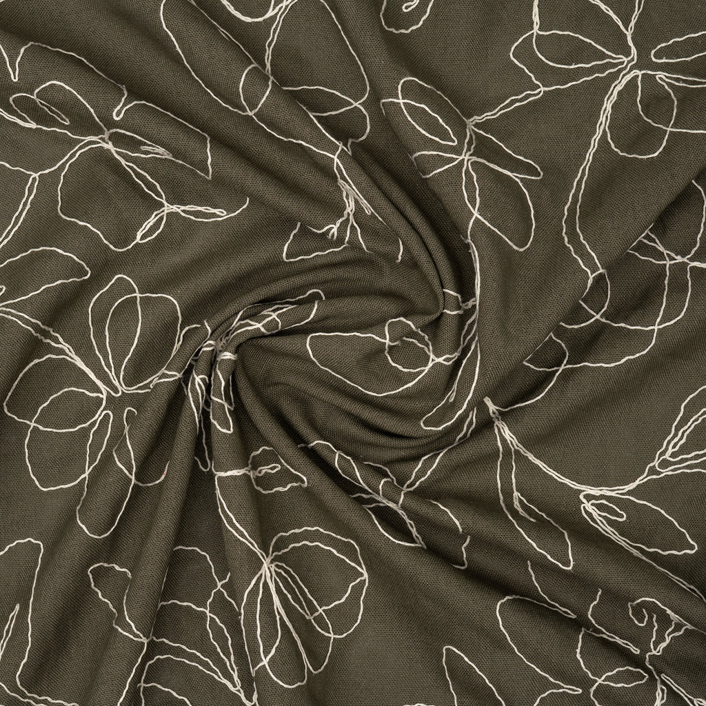 Viskose Leinen Stickblume Oliv