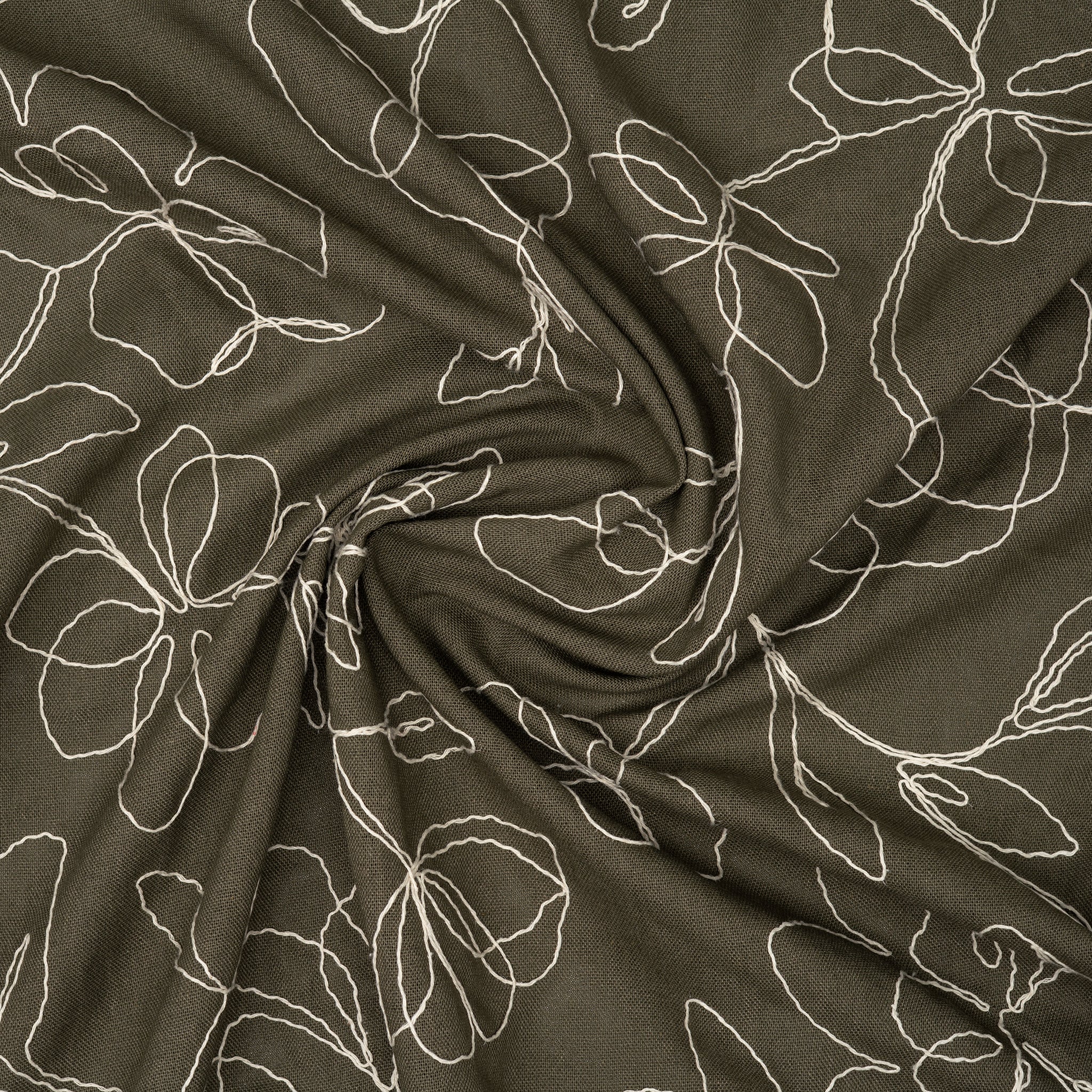 Viskose Leinen Stickblume Oliv
