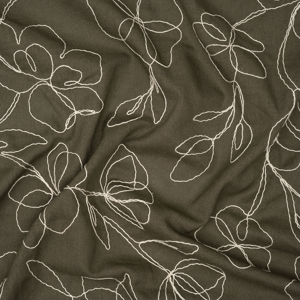 Viskose Leinen Stickblume Oliv
