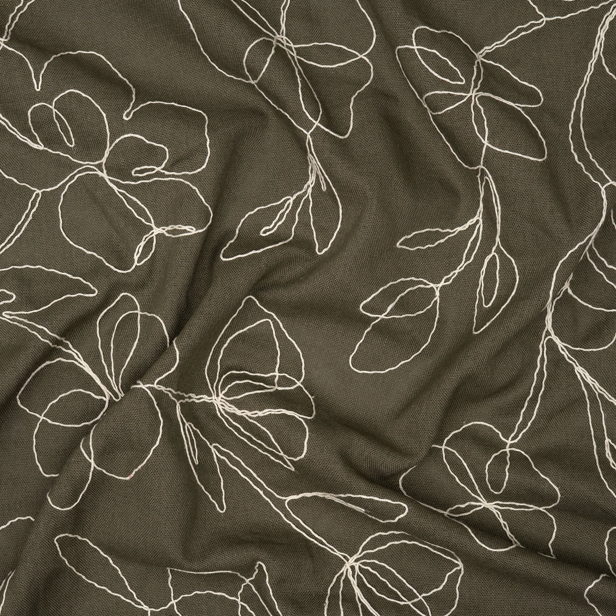 Viskose Leinen Stickblume Oliv