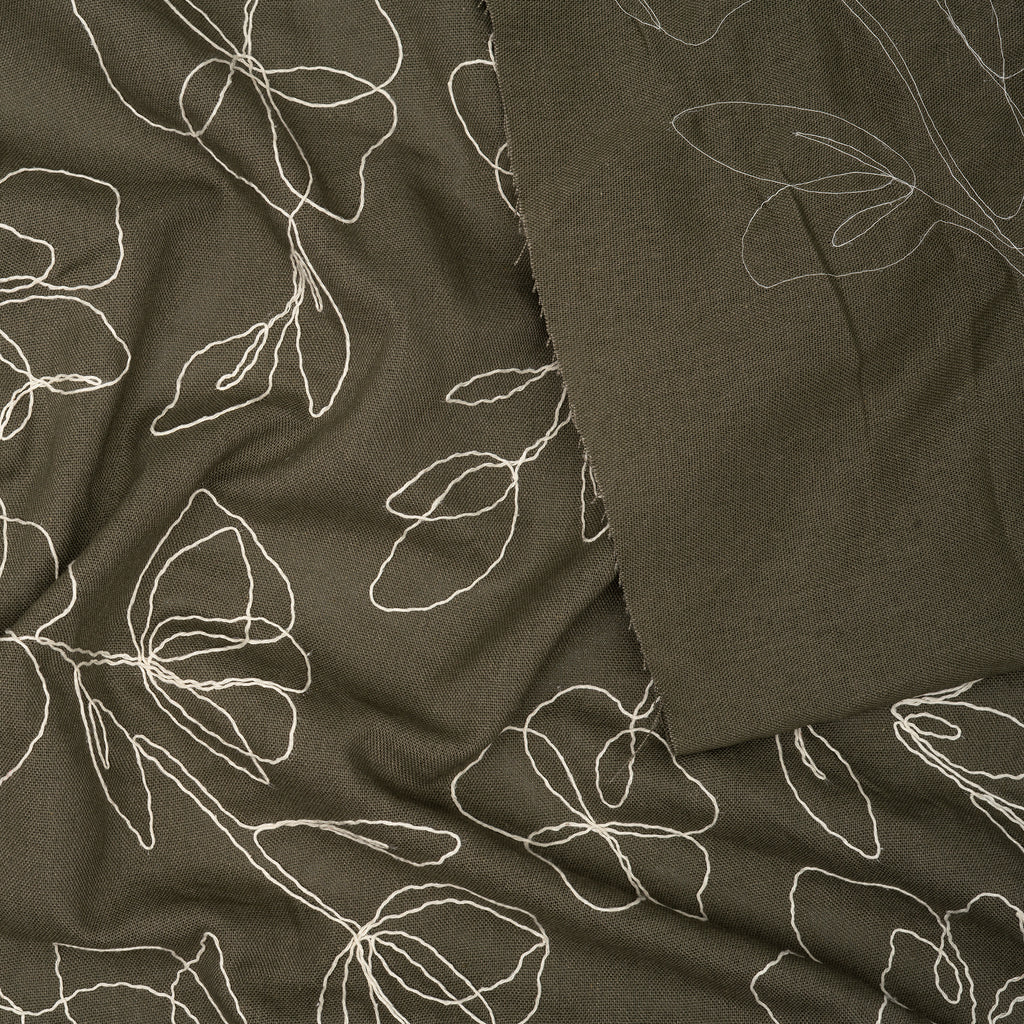 Viskose Leinen Stickblume Oliv