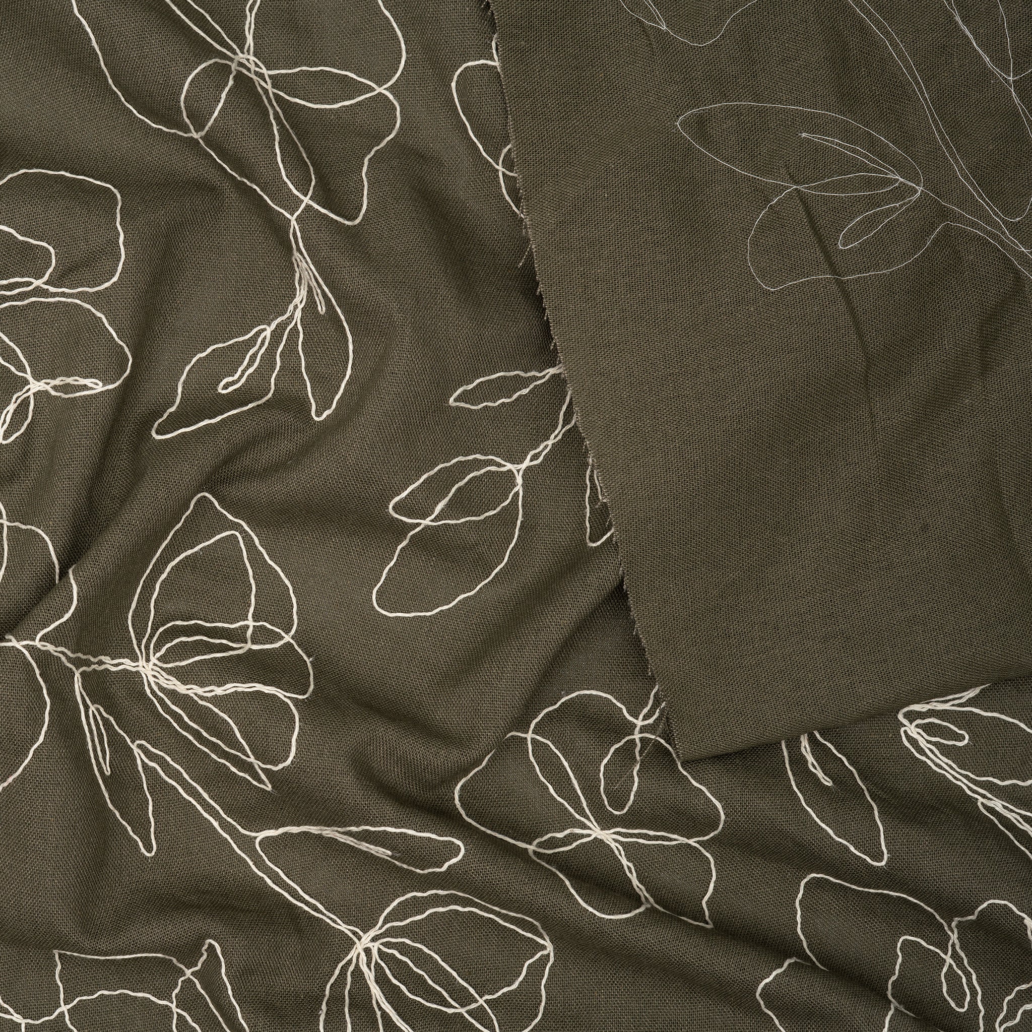 Viskose Leinen Stickblume Oliv