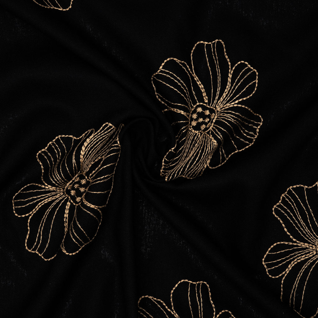 Viskose Leinen Stickblume Schwarz