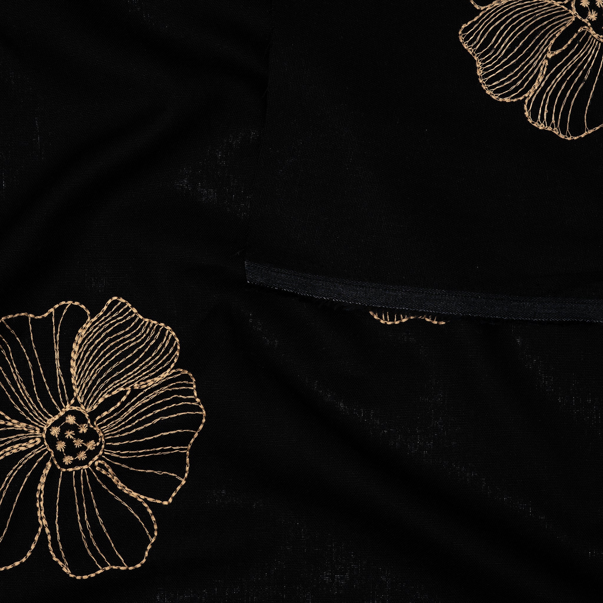 Viskose Leinen Stickblume Schwarz